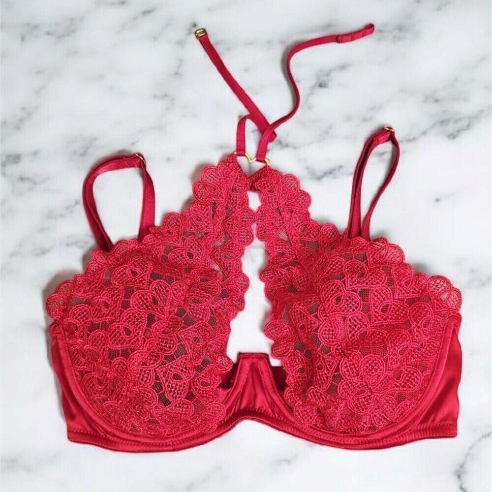 Victoria's Secret Lace Halter Bralette Keyhole Unlined Sexy Lingerie Red 32D NEW